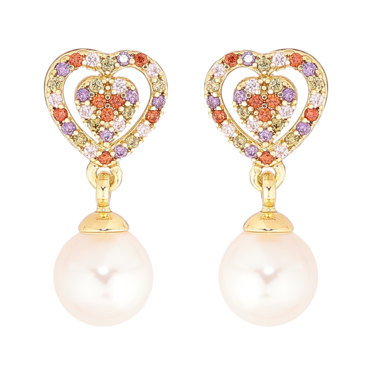 Серьги Xuping Позолота 14K пусеты Сердечки из разноцветных кристаллов с жемчужными подвесками фото №18
