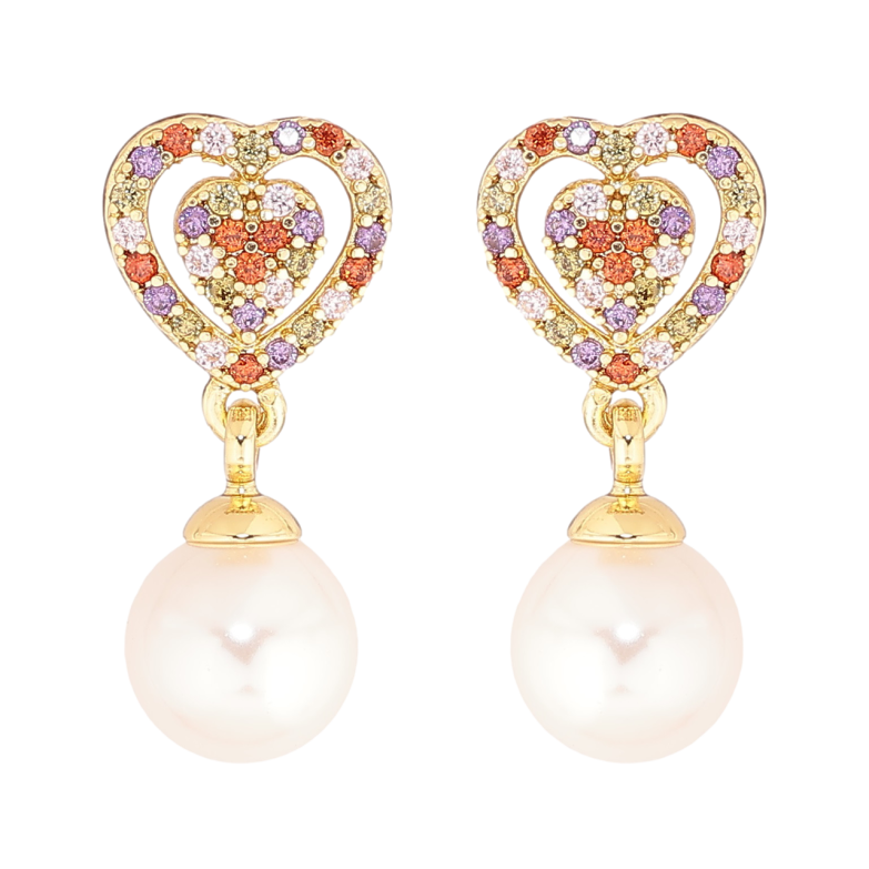 Сережки Xuping Позолота 14K пусети «Сердечка з різнокольорових кристалів з перловими підвісками» фото №4