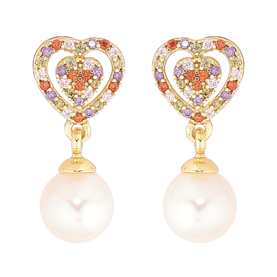 Сережки Xuping Позолота 14K пусети «Сердечка з різнокольорових кристалів з перловими підвісками» фото №1