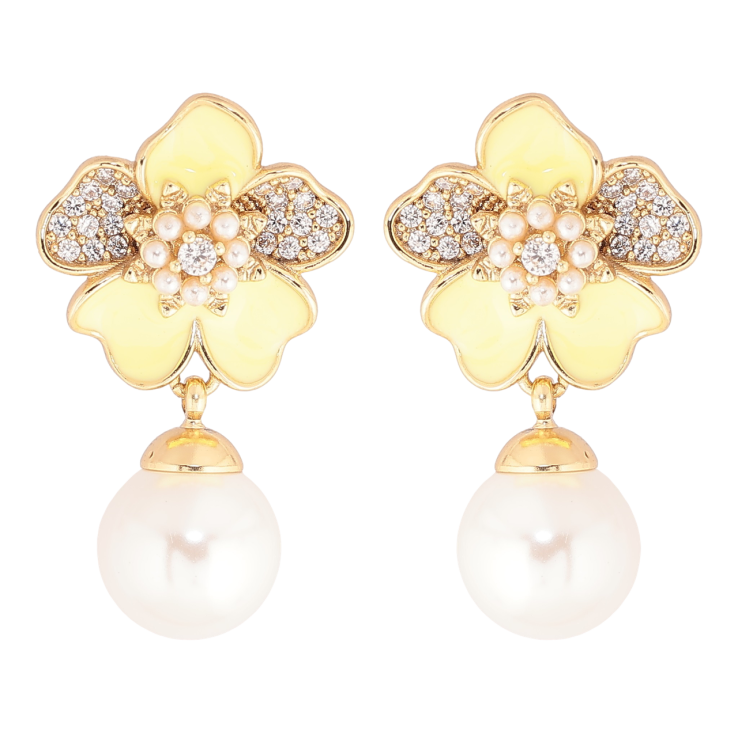 Сережки Xuping Позолота 14K пусети «Жовті квіточки з кристалами та перловими підвісками» фото №12