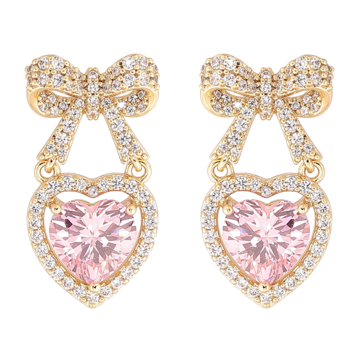 Серьги Xuping Позолота 14K пусеты Банты с розовыми кристальными сердечками фото №24