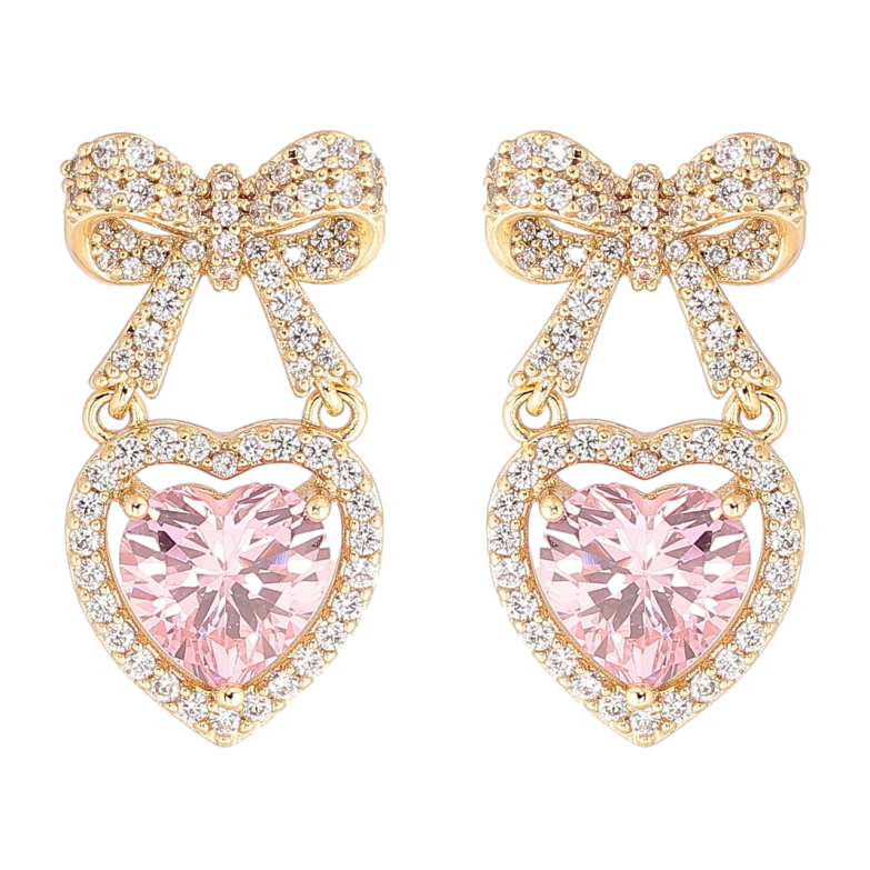 Серьги Xuping Позолота 14K пусеты Банты с розовыми кристальными сердечками фото №1