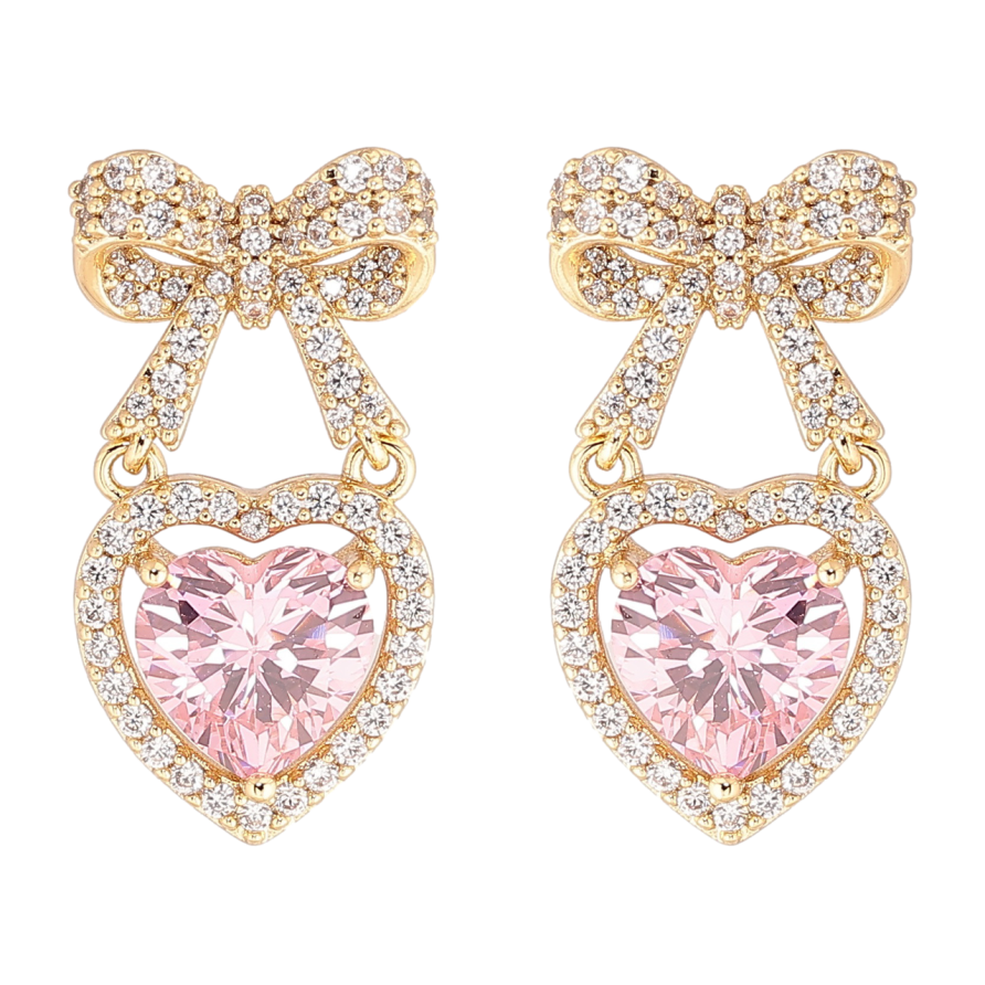 Сережки Xuping Позолота 14K пусети «Банти з рожевими кришталевими сердечками» фото №1