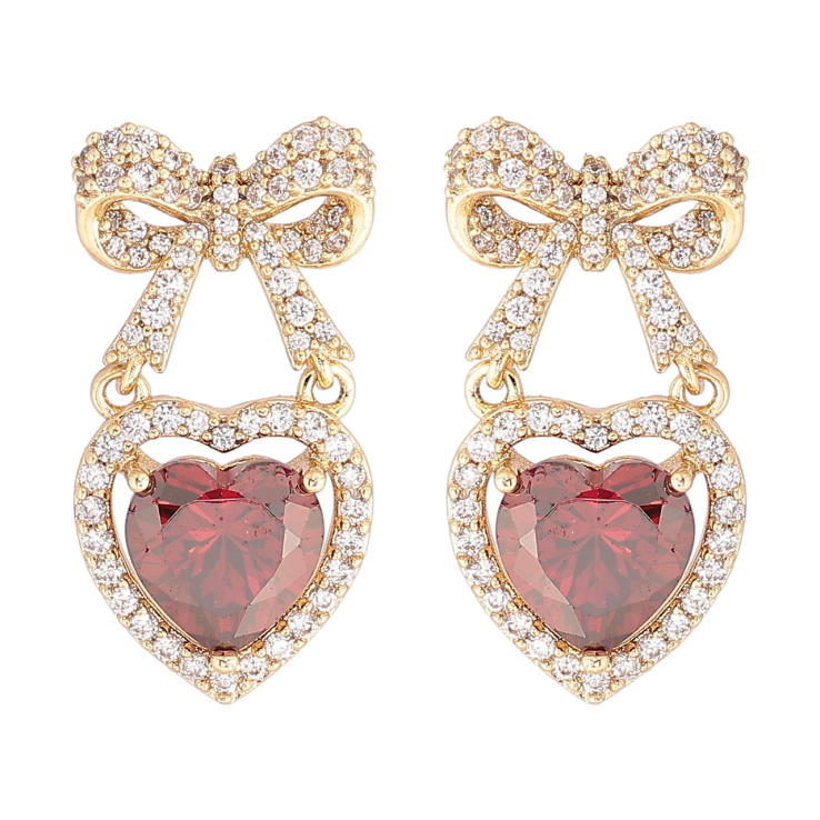 Серьги Xuping Позолота 14K пусеты Банты с красными кристальными сердечками фото №25
