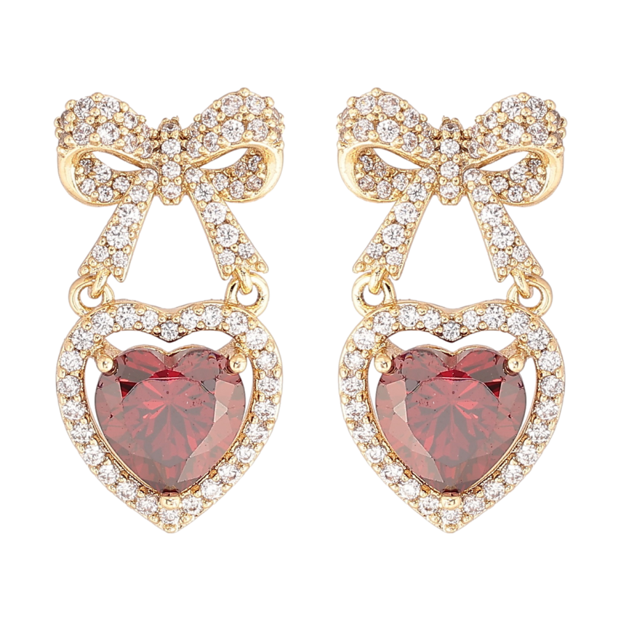 Сережки Xuping Позолота 14K пусети «Банти з червоними кришталевими сердечками» фото №1