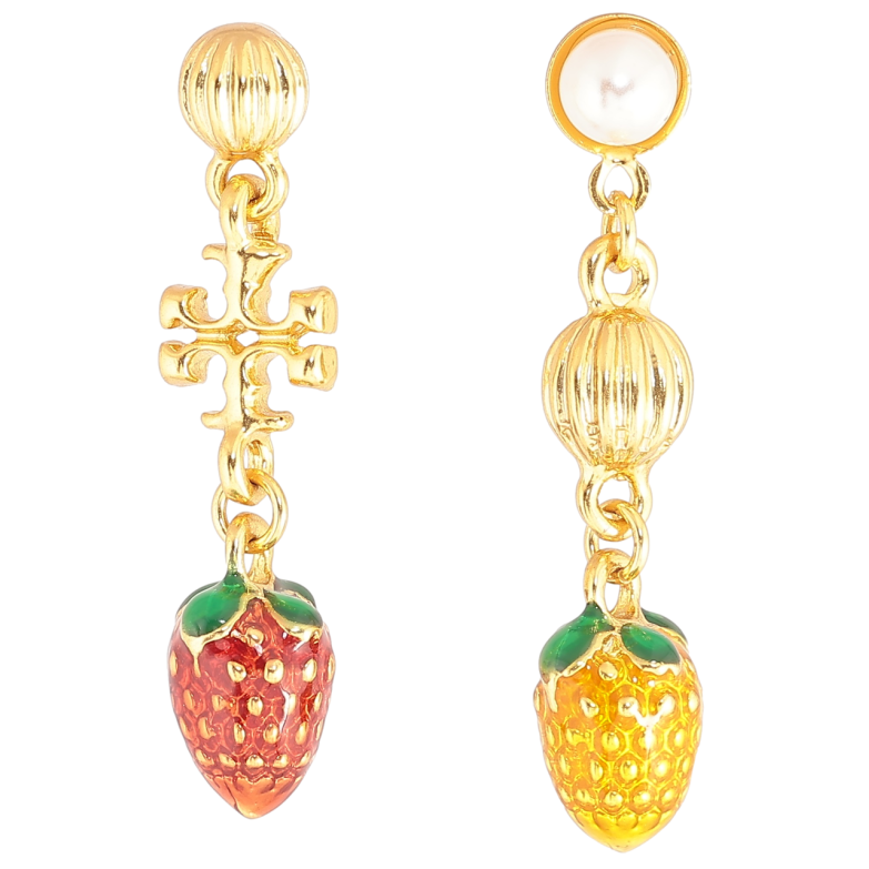 Сережки Xuping Позолота 14K пусети «Асиметричні підвіски полунички з емаллю» фото №1