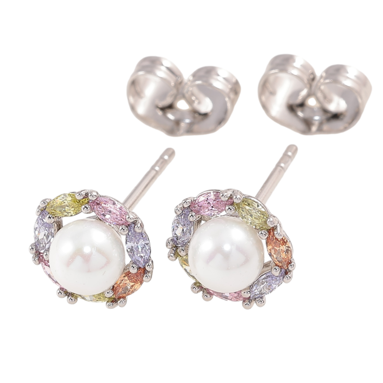 Серьги Xuping Родий пусеты Жемчужины в обрамлении цветных кристаллов ø 8мм фото №2