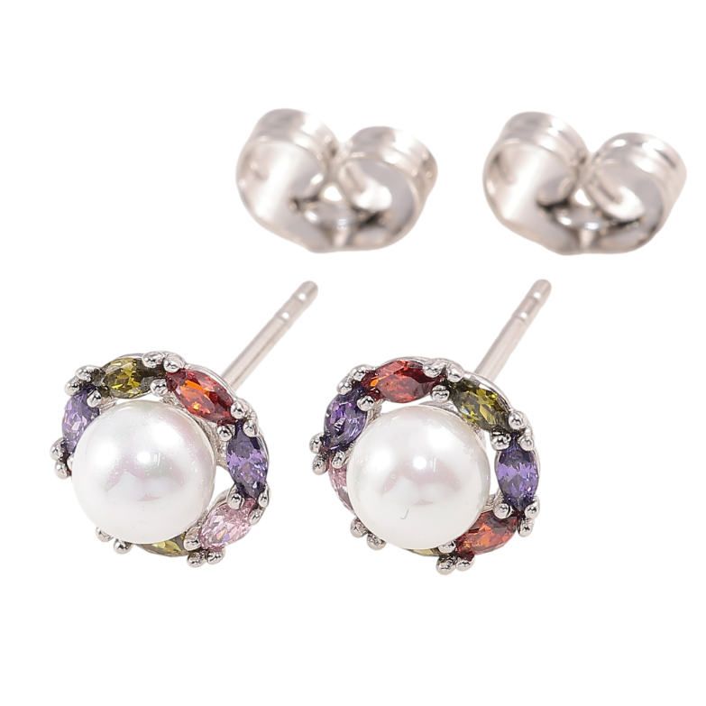 Серьги Xuping Родий пусеты Жемчужины в обрамлении цветных кристаллов ø 8мм фото №3