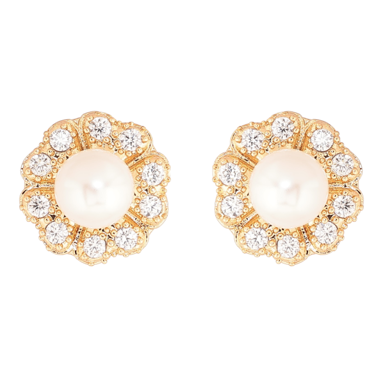 Серьги Xuping Позолота 18K пусеты Цветочки с кристаллами и жемчужиной фото №1