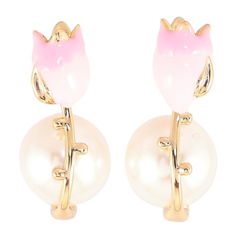 Сережки Xuping Позолота 18K пусети «Перлини з рожевими емалевими квіточками» фото №11