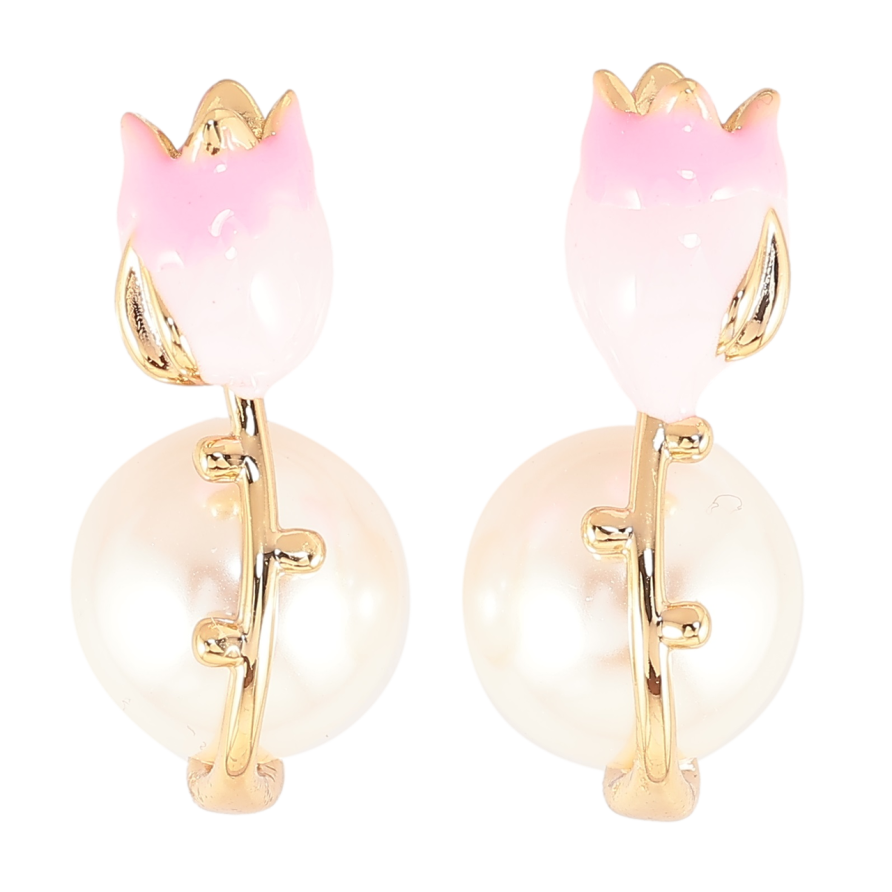 Сережки Xuping Позолота 18K пусети «Перлини з рожевими емалевими квіточками» фото №1