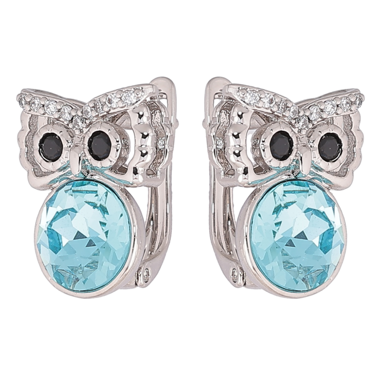 Сережки Xuping колір Родій з кристалами Swarovski англійський замок «Сови з кристалами Blue Zircon» фото №1