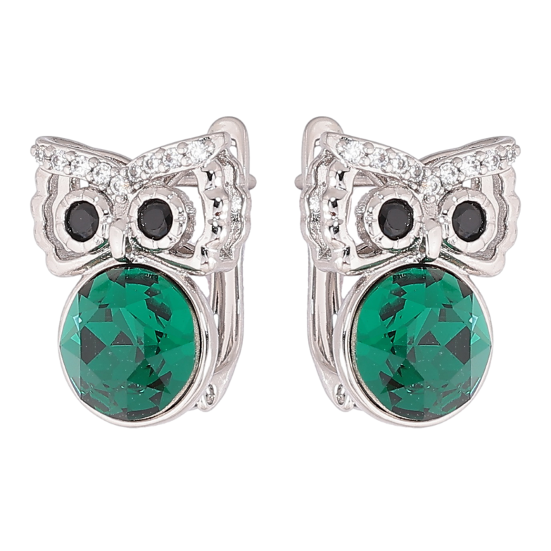 Серьги Xuping цвет Родий с кристаллами Swarovski английский замок Совы с кристаллами Emerald фото №1