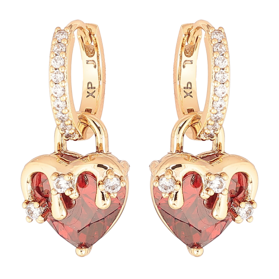 Серьги Xuping Позолота 18K подвески на колечках Красные кристальные сердечки 2 в 1 фото №1