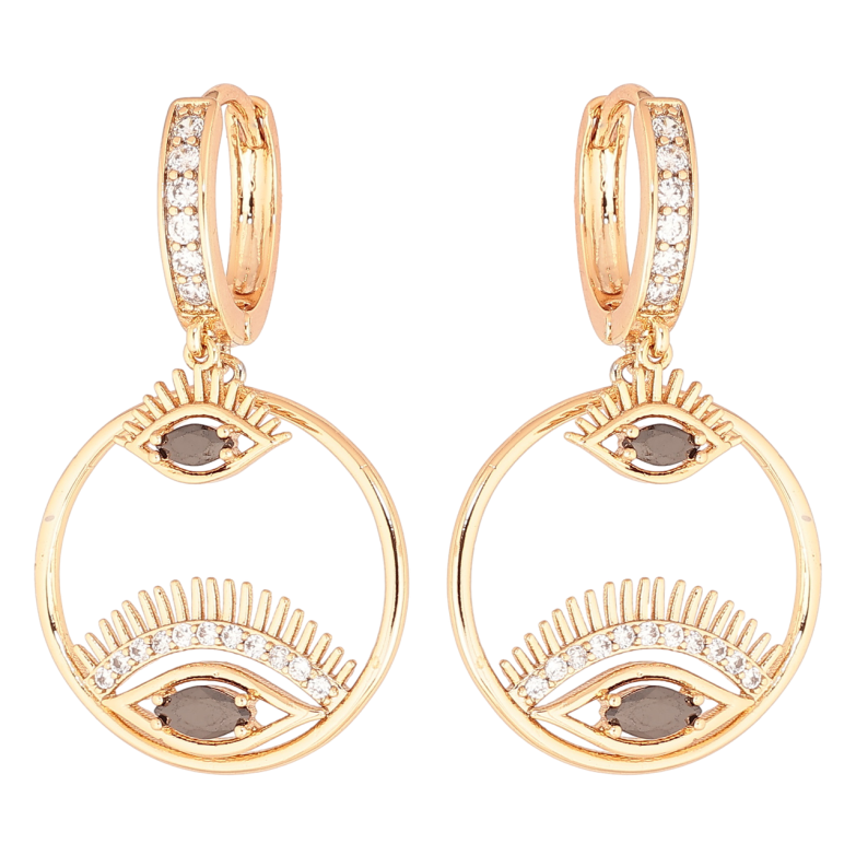 Серьги Xuping Позолота 18K подвески на колечках Глаза с черными кристаллами фото №5