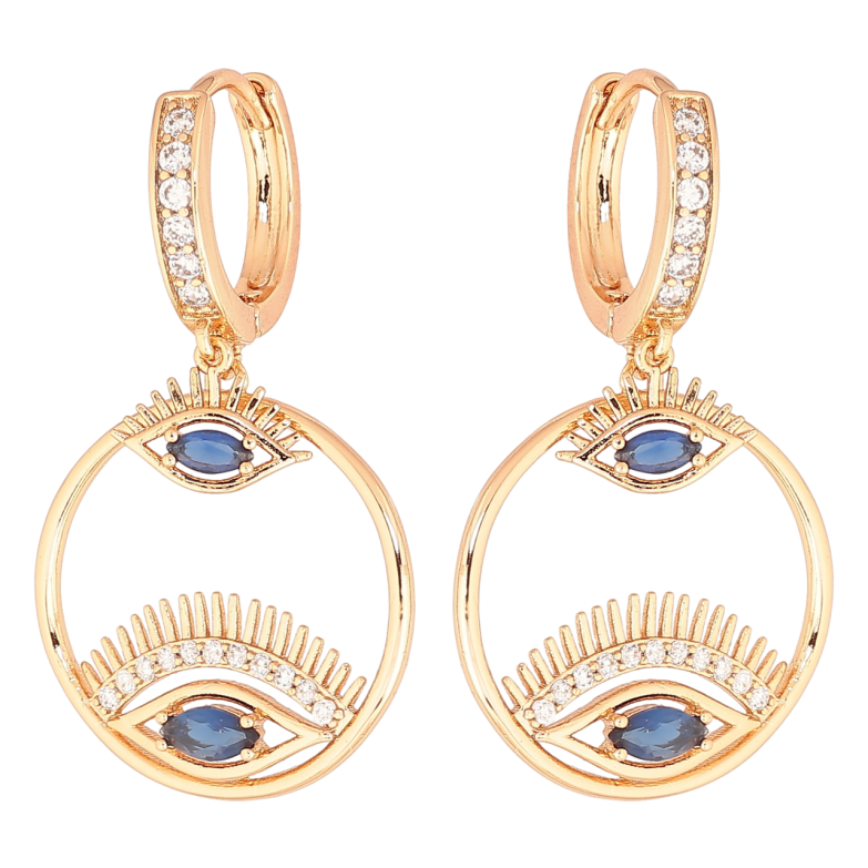 Серьги Xuping Позолота 18K подвески на колечках Глаза с синими кристаллами фото №1