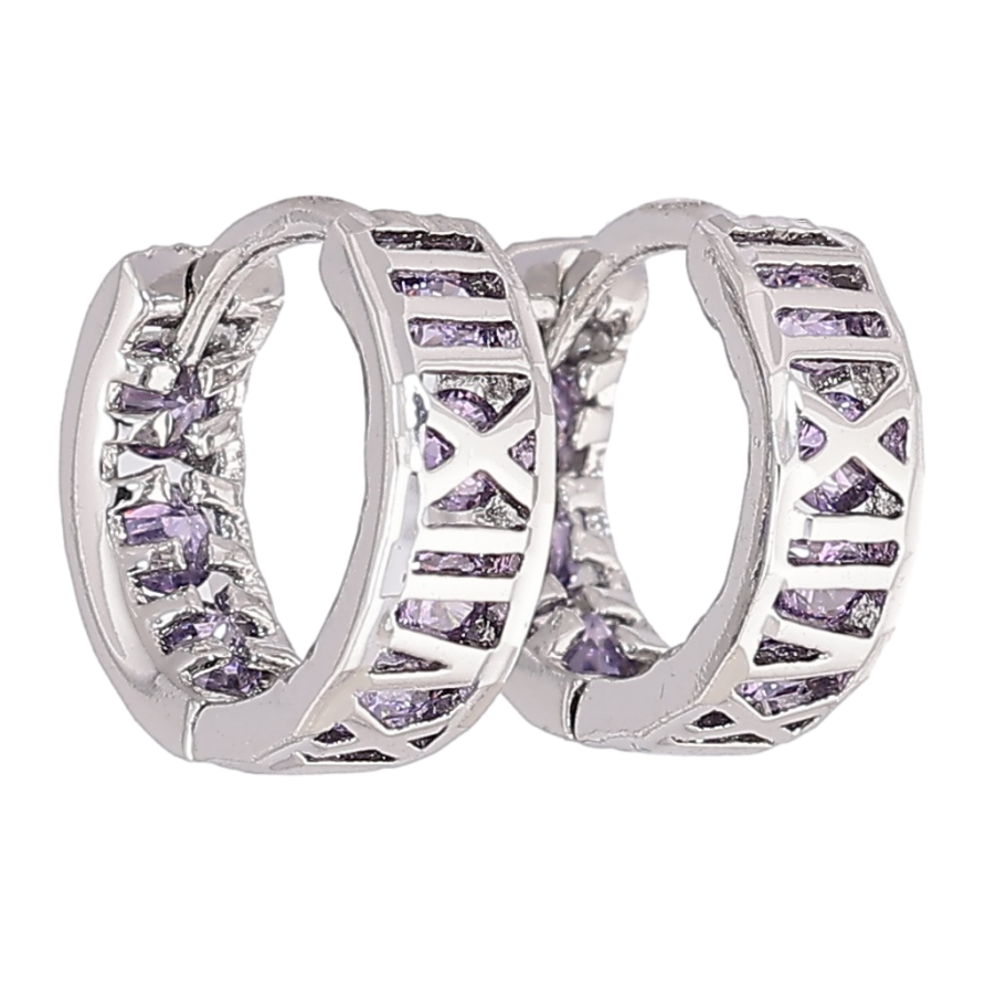 Серьги Xuping M&L Цвет Родий колечки Римские цифры с сиреневыми кристаллами фото №1