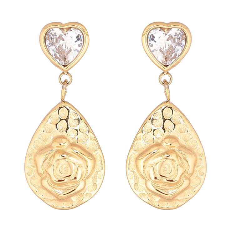 Сережки Xuping TTM Stainless Steel колір 14К пусети «Кришталеві сердечка з квітковими підвісками» фото №7
