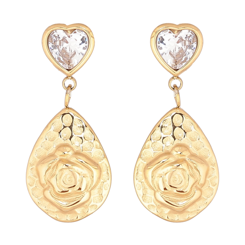 Сережки Xuping TTM Stainless Steel колір 14К пусети «Кришталеві сердечка з квітковими підвісками» фото №1