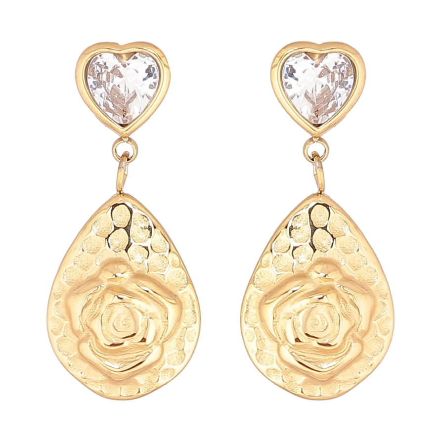Сережки Xuping TTM Stainless Steel колір 14К пусети «Кришталеві сердечка з квітковими підвісками» фото №1