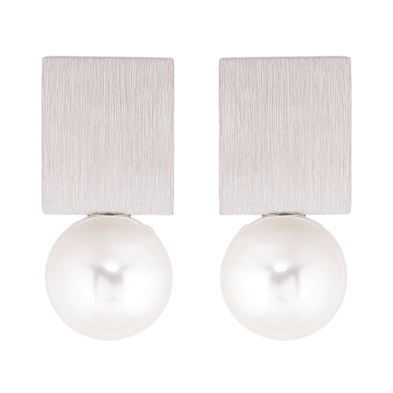 Сережки Xuping TTM Stainless Steel колір Родій пусети «Прямокутники з перлинами» фото №1