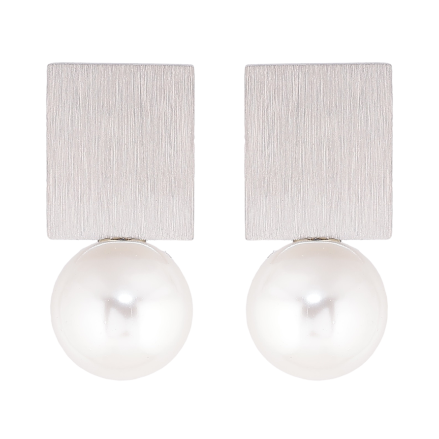 Сережки Xuping TTM Stainless Steel колір Родій пусети «Прямокутники з перлинами» фото №1