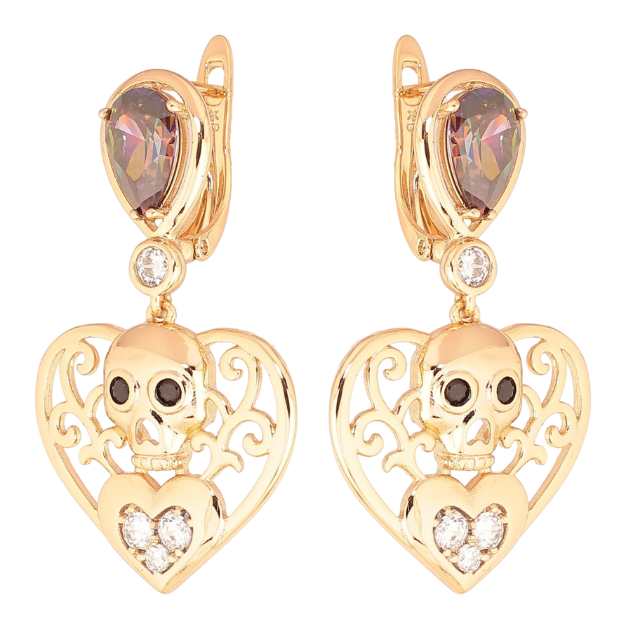 Серьги Xuping Позолота 18K английский замок Сердечки с черепами и цветными кристаллами фото №1 Серьги Xuping Позолота 18K английский замок Сердечки с черепами и цветными кристаллами фото №1