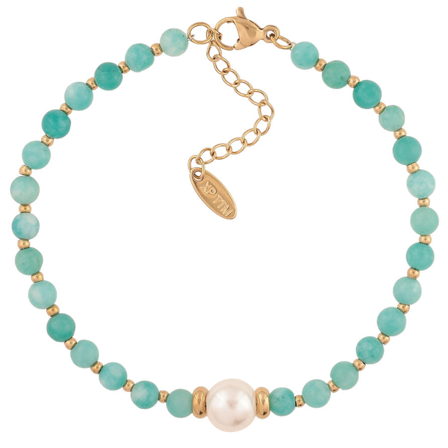 Браслет Xuping ТТМ Stainless Steel колір 14К «Бірюзові намистини з перлиною» з доп.ланцюжком 18.5-21.5см х 4мм фото №1