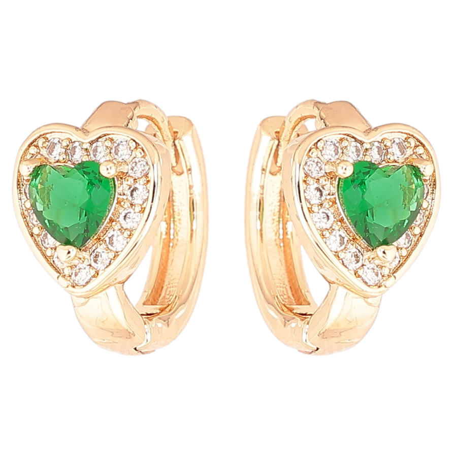Серьги Xuping M&L Цвет 18K колечки Сердечки с зелеными кристаллами фото №1