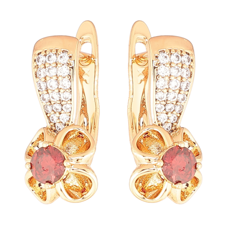 Серьги Xuping Позолота 18K английский замок Цветочки с красными кристаллами фото №15