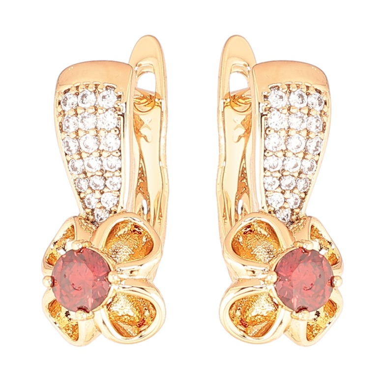 Сережки Xuping Позолота 18K англійський замок «Квіточки з червоними кристалами» фото №1