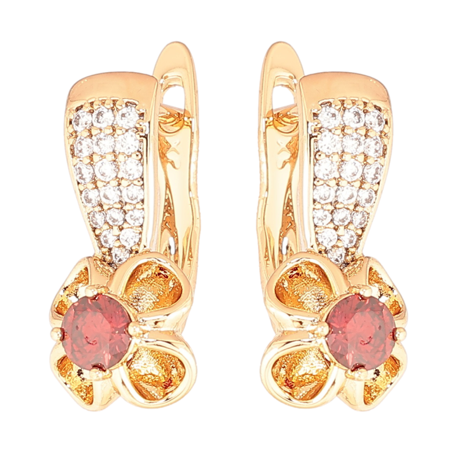 Серьги Xuping Позолота 18K английский замок Цветочки с красными кристаллами фото №1