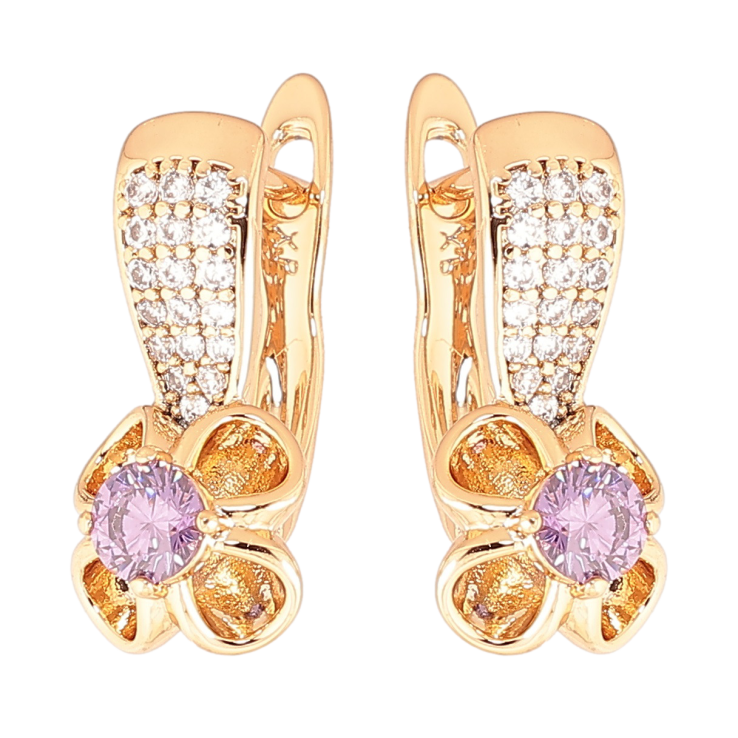 Серьги Xuping Позолота 18K английский замок Цветочки с сиреневыми кристаллами фото №9