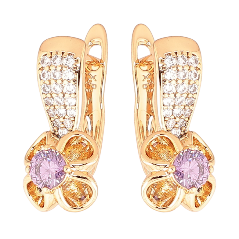 Сережки Xuping Позолота 18K англійський замок «Квіточки з бузковими кристалами» фото №1