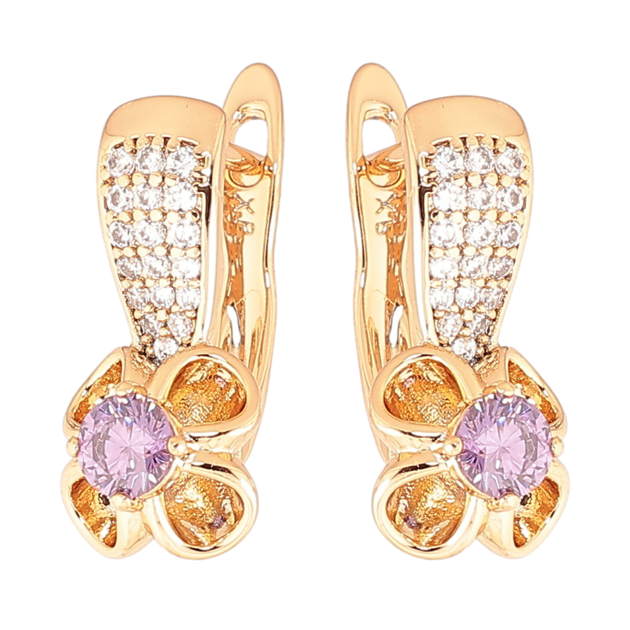 Серьги Xuping Позолота 18K английский замок Цветочки с сиреневыми кристаллами фото №1