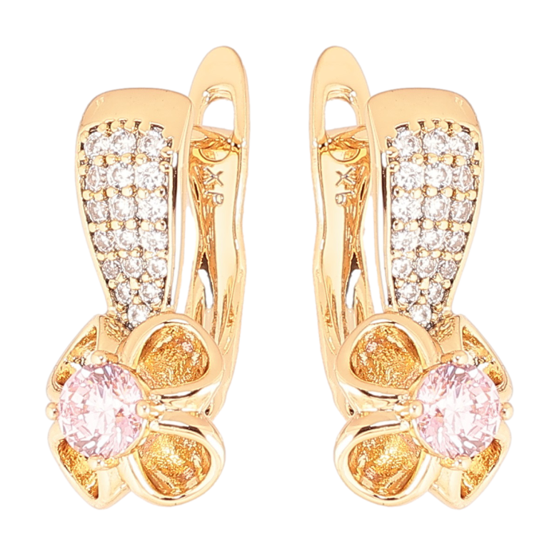 Сережки Xuping Позолота 18K англійський замок «Квіточки з рожевими кристалами» фото №1
