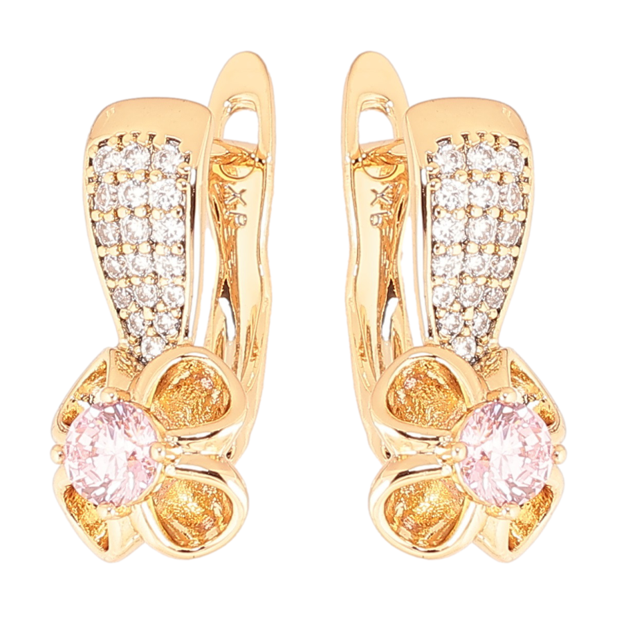Сережки Xuping Позолота 18K англійський замок «Квіточки з рожевими кристалами» фото №1