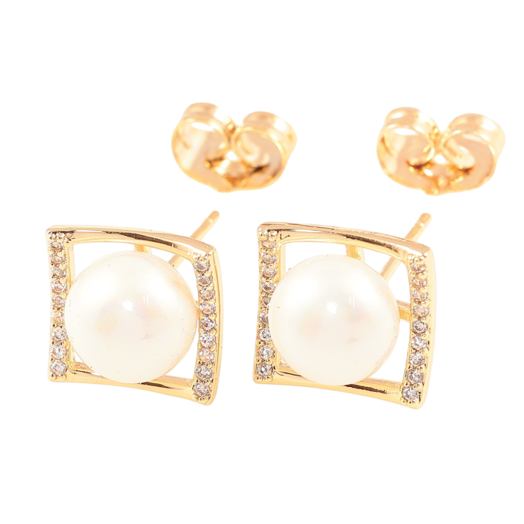 Серьги Xuping Позолота 18K пусеты Квадраты с жемчужинами и дорожками кристаллов фото №9 Серьги Xuping Позолота 18K пусеты Квадраты с жемчужинами и дорожками кристаллов фото №9