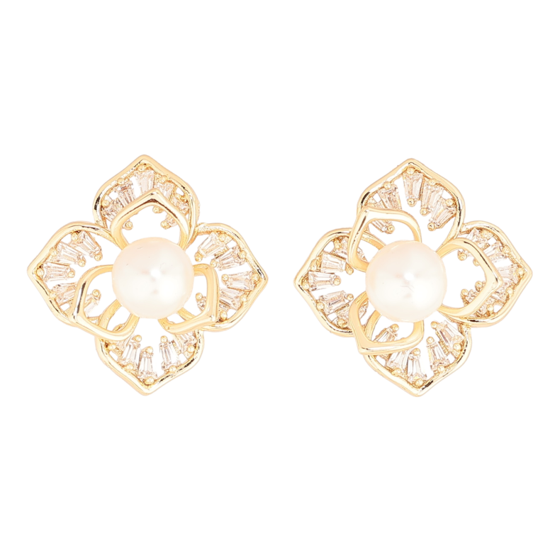 Серьги Xuping Позолота 18K пусеты Кристальные цветочки с жемчужинами фото №1
