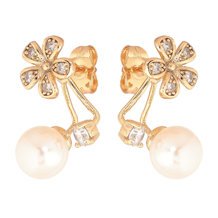 Сережки Xuping Позолота 18K пусети-джекети «Квіточки з перлинами» фото №8