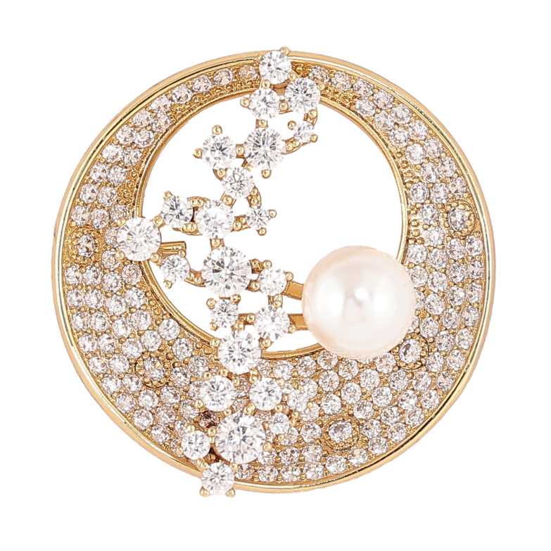 Брошка Xuping Позолота 14K «Коло з інкрустацією кристалами та перлиною» фото №2 Брошка Xuping Позолота 14K «Коло з інкрустацією кристалами та перлиною» фото №2