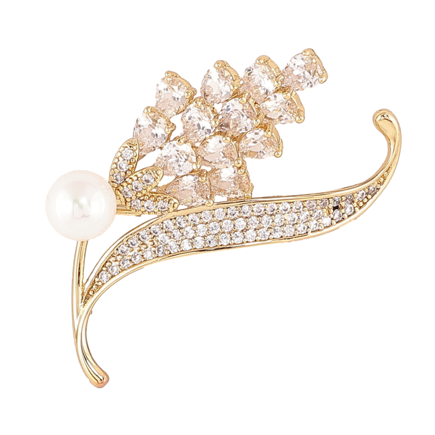 Брошка Xuping Позолота 14K «Гілочка з інкрустацією кристалами та перлиною» фото №1 Брошка Xuping Позолота 14K «Гілочка з інкрустацією кристалами та перлиною» фото №1