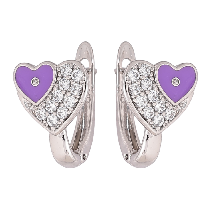 Серьги Xuping Родий английский замок Сердечки с кристаллами и сиреневой эмалью фото №12