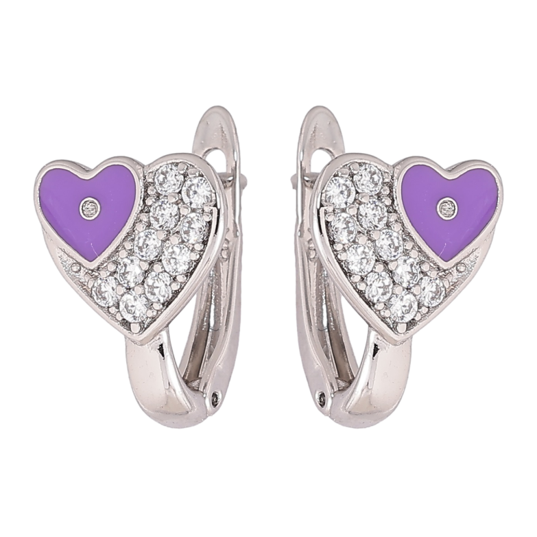 Сережки Xuping Родій англійський замок «Сердечка з кристалами та бузковою емаллю» фото №1