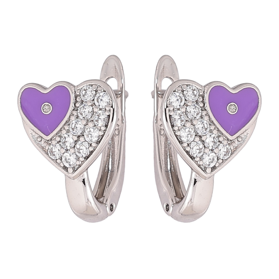 Серьги Xuping Родий английский замок Сердечки с кристаллами и сиреневой эмалью фото №1