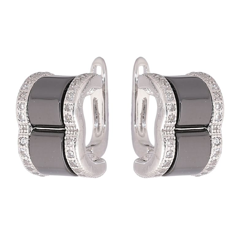 Серьги Xuping Родий английский замок Узор с черной керамикой и кристаллами фото №1