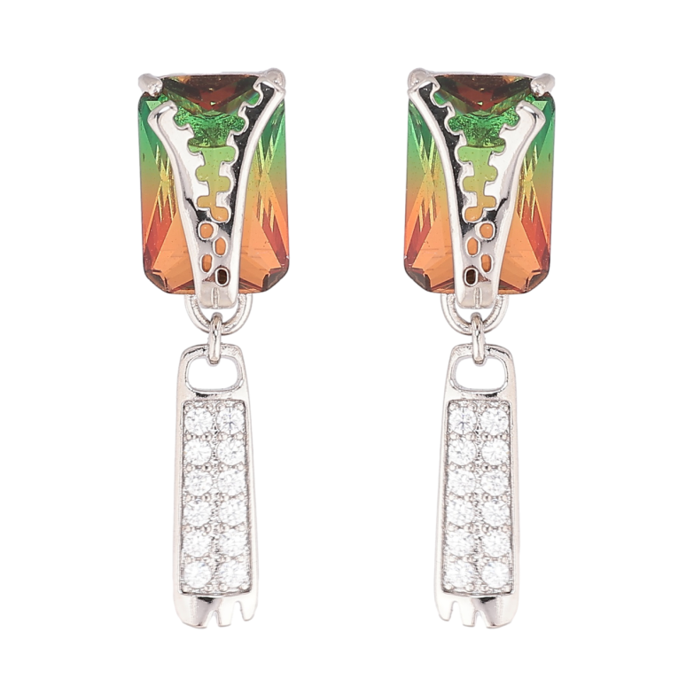 Серьги Xuping Родий пусеты Зелено-красные кристаллы с узором молния фото №1