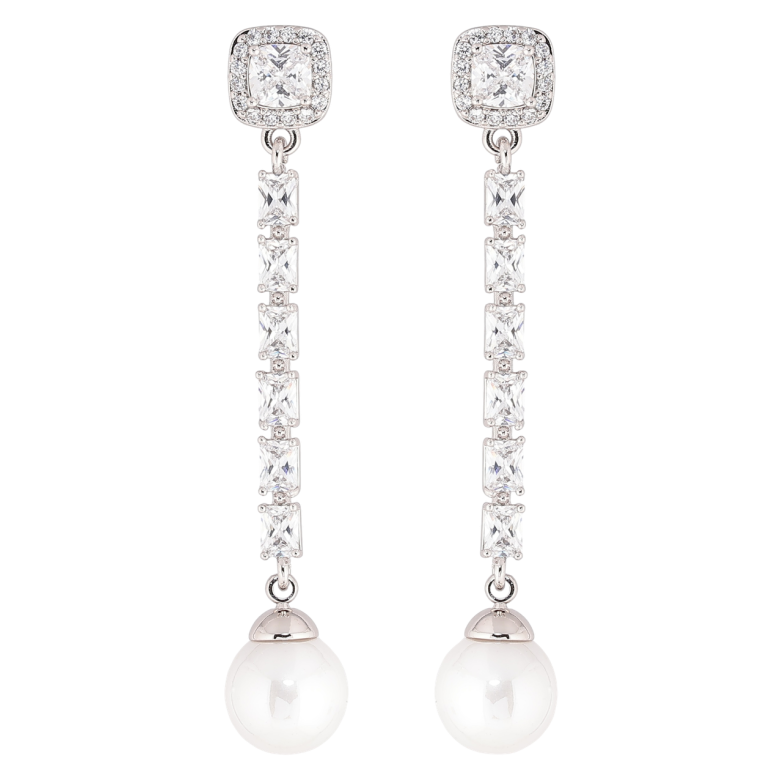 Серьги Xuping Родий пусеты Кристальные дорожки с жемчужинами фото №1