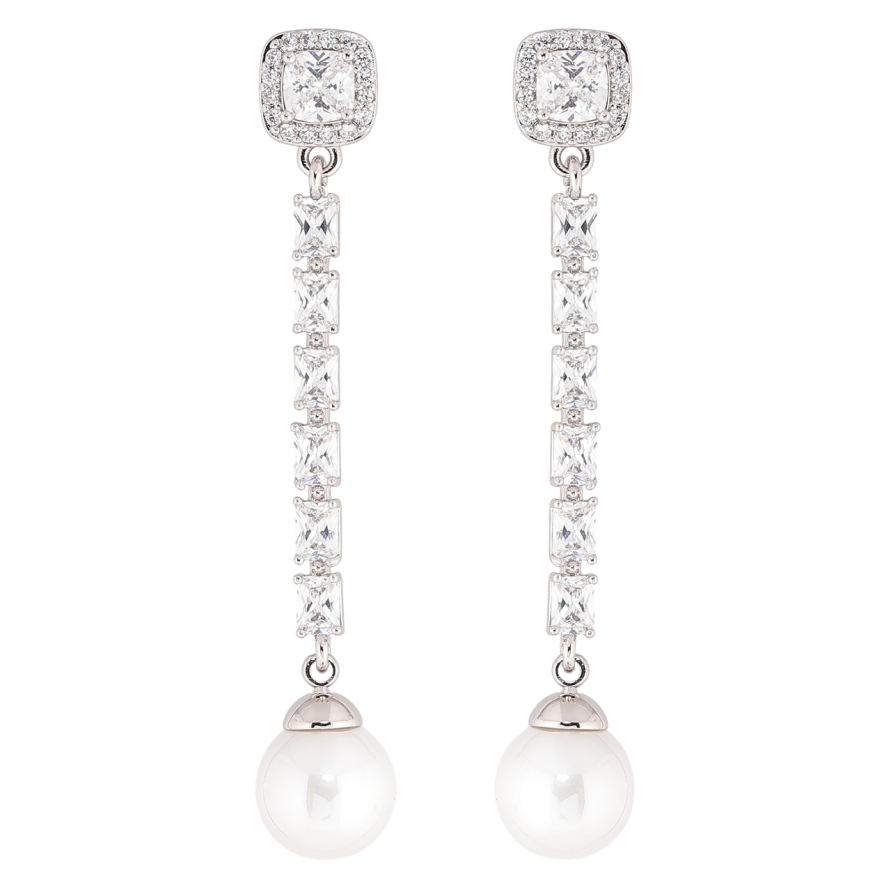 Серьги Xuping Родий пусеты Кристальные дорожки с жемчужинами фото №1