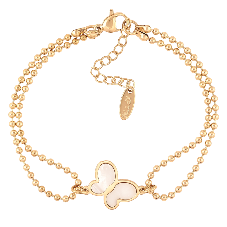 Браслет Xuping ТТМ Stainless Steel цвет 14К Цепочка двойная с перламутровой бабочкой с доп.цеп 17-20см х 4мм фото №1